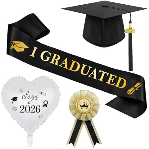 Xietaea Set con cappello da laurea 2026, regolabile, fascia e palloncino in alluminio, regalo per laurea