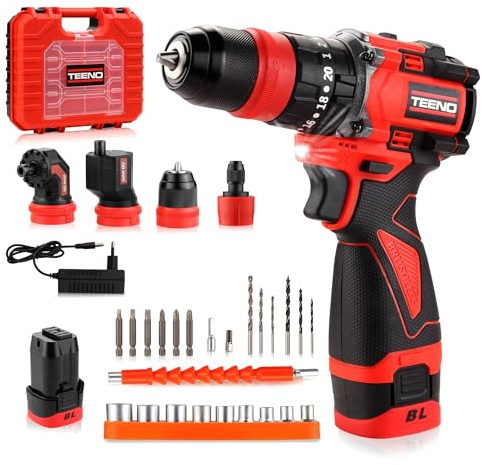 TEENO Atornillador a Batería 18V Sin Escobillas Profesional, Kit de Taladro Inalámbrico, 20+3 Velocidades, 45 Nm, 2 Velocidades, con 4 Cabezales Multifunción