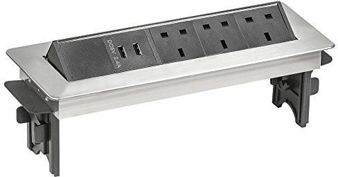 Elbe Inno flush-mounted workbench-socket (3 sockets and 2 USB), multifunctional office socket with semi-automatic cover, black-gray aluminum desktopsocket