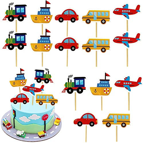 Sunshine smile 30 Stück Transport Kuchendeckel,Transport Cupcake Toppers, Auto Bus Zug Flugzeug Schiff Kuchen Topper,Kinder Geburtstag Party Torte Deko Supplies,Kuchendeko