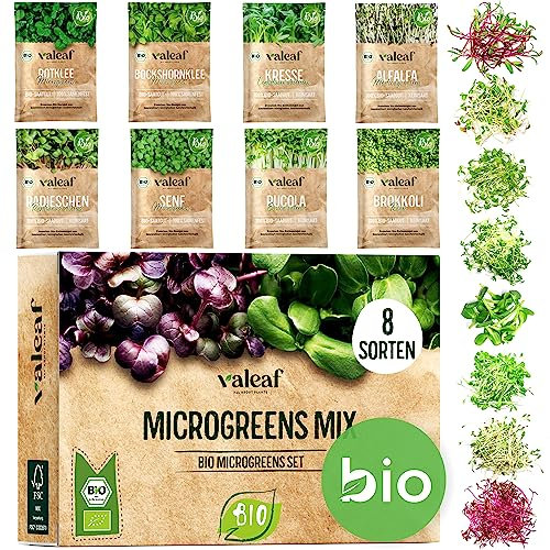 valeaf BIO Microgreens Set I 8 Sorten Sprossen Samen Pflanzset mit Keimsprossen und Microgreens Samen I inkl. Kressesamen, Alfalfa Samen I Samen Anzuchtset Microgreens Kit für Sprossen Keimgerät