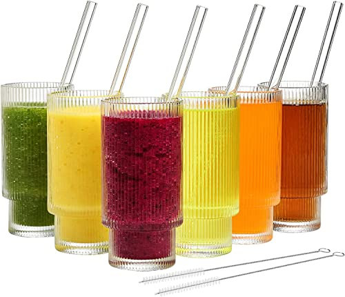 ALINK Lot de 6 verres à eau nervurés avec pailles en verre, verres à café glacé vintage, style origami, verre strié pour cocktail, whisky, bière – 2 brosses de nettoyage