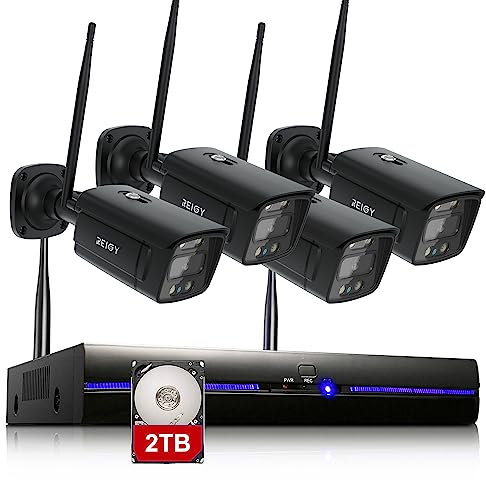 REIGY 5MP Système Surveillance WiFi Exterieure avec Spotlight et 2TB HDD, Kit Camera Videosurveillance 10CH 5MP NVR + 4X 1920P Camera, Audio Bidirectionnel Vision Nocturne Colorée Imperméable Noir