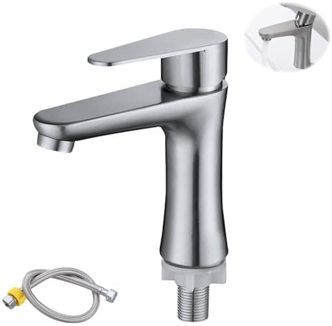 PLLYPE kaltwasserhahn gäste wc, Wasserhahn Kaltwasser, Kaltwasserarmatur mit 60cm Anschlussschlauch, Waschbeckenarmatur, Einhebel Wasserhahn Bad für Bad, Gäste WC