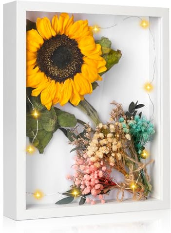 LURICO 3D Bilderrahmen zum Befüllen 25x20 cm Tiefer Rahmen für Objekte bis 3cm Weiß Objektrahmen zum Befüllen für Deko Wand/Schreibtisch/Hochzeitsgeschenk/Kunstwerke, mit Led Lichterkette