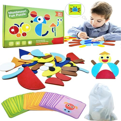 QYDKWK Rompecabezas de Madera con Formas Geométricas para Niños, Juguetes Montessori de 3 Años con 30 Tarjetas, Juegos Educativo Juegos Tangram Regalo para 3 4 5 6 Años Niños y Niñas