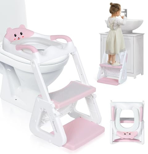 Orzbow Adaptador Wc Niños con Escalera, Estabilizar Reductor Wc Niños con Estructura Triangular, Pedal Extendido y Cojín de PVC Impermeable, Antideslizante y Plegable, Ligero y Portátil, Rosa
