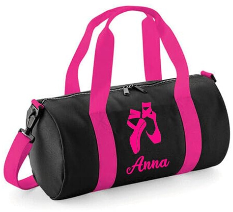 Personalised Dancing Bag - Girls Dance Bags for Girls Kids Gym Bag Perfect Dancing Gifts & Sports Equipment Storage 20x20x40cm 12L Ballet Shoes Design Barrel Bag for Dancing Black/Hot Pink