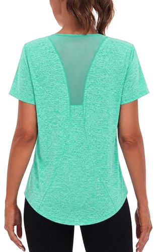 Terecey Sportshirt Für Damen Funktionsshirts Leichtes Kurzarm UV-Schutz Schutzkleidung Feuchtigkeitsableitend Laufen Activewear,Grün L