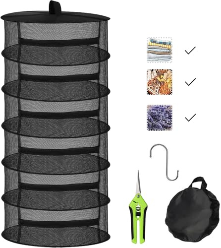 Abiemuce Red de secado para hierbas, 6 capas para plantas, especias y hierbas, con tijeras de podar y ganchos, plegable con cremallera (negro y negro)