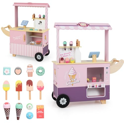 HOMASIS Carrello Gelati Bambini in Legno con 15 Accessori, 6 Gelati Giocattolo, Gelatiera, Distributore Automatico, Cassa e Scanner, Gelateria con Ruote per Bambini dai 3+ Anni (Rosa)