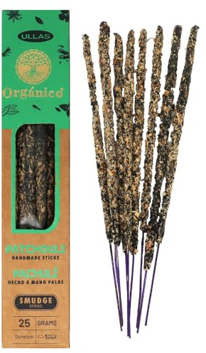 Ullas - Incenso Bastoncini Naturali al Patchouli, Fatti a Mano in India, Lunga Durata 60min, 9-10 Bastoncini, 25 Grammi