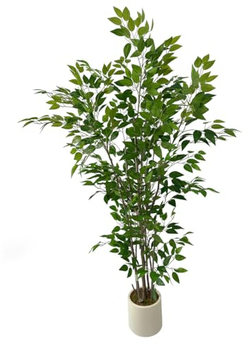 VIGGDA 6ft Tall Artificial Ficus Tree- Fake Green Tree in White Plastic Planter, Easy-to-Assemble Collapsible Structure for Home & Office Decor
