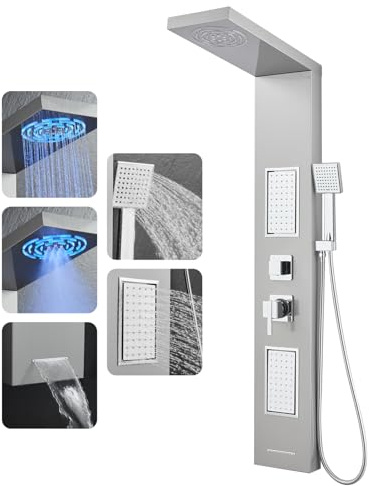 ROVOGO Led Shower Panel Tower System, 2-Setting Lighted Shower Head (Rainfall & Mist Mode), Large Body Jets, Handheld and Tub Spout, 50 Stainless Steel Shower Column with Mixer Valve, Brushed