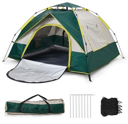 Warmiehomy Camping Tent, 3-4 Person Pop up Tent, Automatic Waterproof Dome Tent with 2 Mesh Doors, 2 Mesh Windows, Roof Skylights, Outdoor Camping Tents for Garden Fishing Picnic, Green
