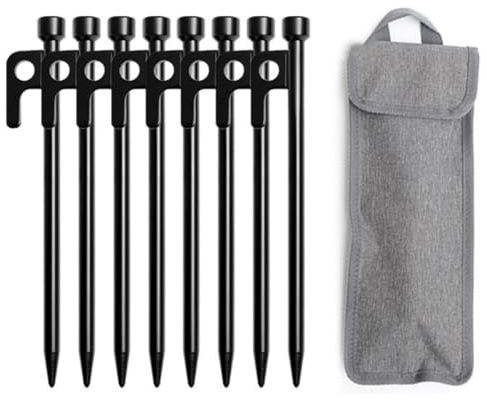 Benebomo Robuste Zeltheringe, 8 Stück, schwarze Zeltheringe, 25 cm, schwarze Stahlheringe mit Aufbewahrungstasche