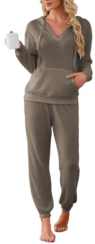 Famulily 2 Piece Loungewear Sets for Women Ribbed Knit V Neck Hoodies and Jogging Bottoms,Ladies Tracksuits Soft Leisure Suits Long Sleeve Pyjamas Nightwear