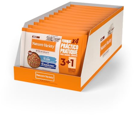 Nature's Variety Bocaditos en Salsa Comida Húmeda para Gatos con Bacalao/Pescado del Océano: Multipack 11 x (4x85g)
