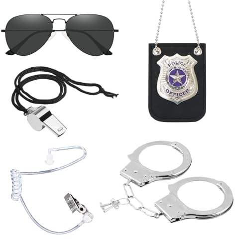 5 Piezas Policía Disfraz Accesorios, Policía Disfraz Servicio Juego de Disfraces Accesorios con Auriculares, Esposas, Insignia, Gafas, Silbato para Hombres Mujeres para Carnaval Cosplay