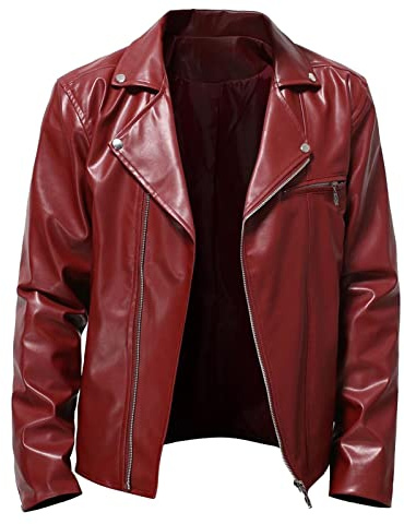 Faux Leather Jacket Men's Revers Monochrome Leather Jacket Asymmetrical Zipper Biker Jacket Windproof Windstopper Outdoor Jacket Vintage Winter Jacket With Pockets, red, M