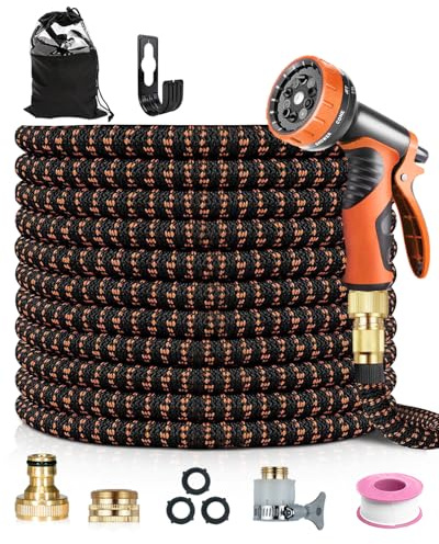 150FT/45M Expandable Garden Hose, Flexible Expandable Hose with 10-Pattern Spray Nozzle, 1/2 & 3/4 Fittings, 4-Layer Latex Core, Leak-Resistant Design for Gardening and Car Cleaning, Orange & Black