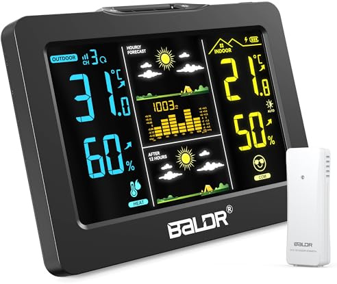 Stazione Meteo BALDR Wireless con Sensore Esterno, Display Digitale a Colori – Termometro Igrometro Interno/Esterno, Previsioni 1h + 12h, Batteria Ricaricabile