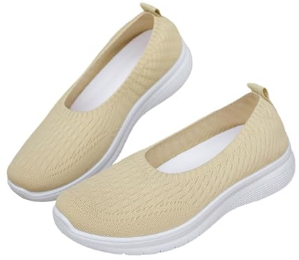 Sporty Ballerina Shoes Women's Knitted Dress Shoes Lightweight Flat Shoes Breathable Slip-On Shoes Comfortable Soft Walking Shoes Casual Sneakers Knitted Width Casual Shoes for Walking, beige, 5 UK