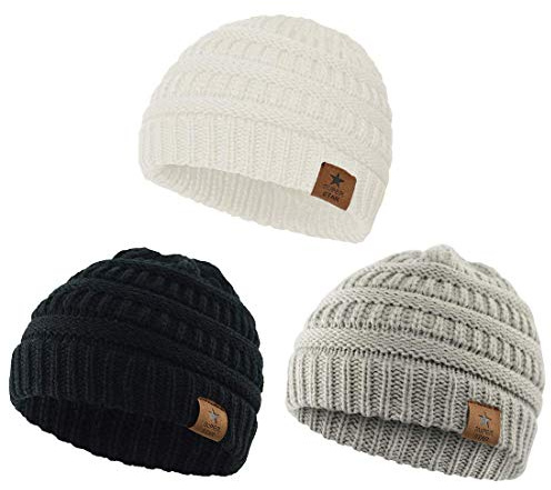 Durio Unisex Baby Beanie - Soft & Warm Knit Toddler Winter Hat, Stretchy Cap Fit for Infant to Toddler Girl Boy (6-36 Months), 1 White & Black & Light Grey