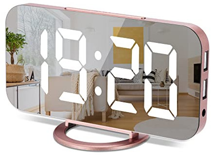 Sukeen Spiegel Digitaler Wecker, LED Große Display Uhr digital mit Weiße Großen Ziffern, 3 Helligkeitsstufen, Dual USB-Ports, Snooze, 12/24Hr, Moderner wecker für Wohnzimmer Schlafzimmer-Rosé Gold