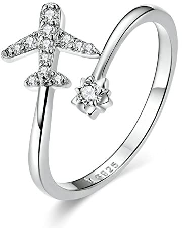 925 Sterling Silber Fliegendes Flugzeug Offene Fingerringe Für Frauen Klare Cz Verstellbare Ringe Feiner Schmuck