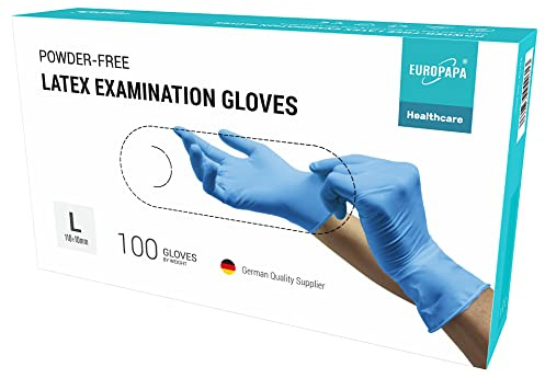 Europapa® 100 x latex engångshandskar vita blå puderfria undersökningshandskar EN455 och EN374 handskar latexhandskar i stl. XS, S, M, L och XL tillgänglig (L, blå)