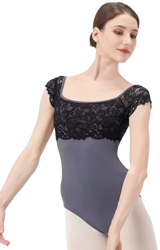 s.lemon Donna Manica Corta Body Danza Classica Adulti Body Danza con Pizzo Grigio 165