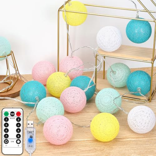 KWODE Cotton Ball Lichterkette mit Timer Fernbedienung, USB 8 Modi Kugel Lichterketten, Bunt Kugel Kette für Innen Zimmer Deko Home Weihnachten Hochzeit Party Ø6cm