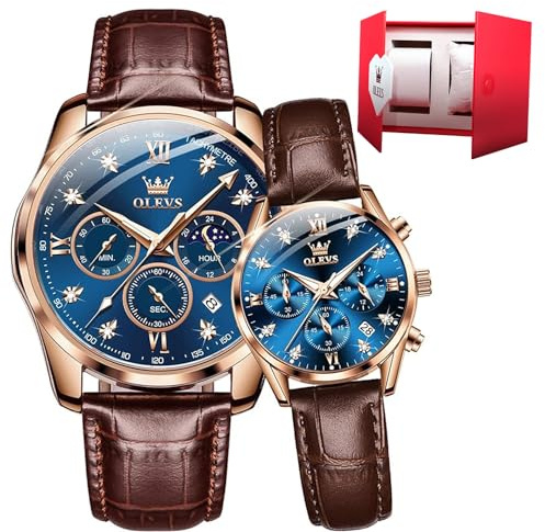 OLEVS Valentines Coppia Coppia Coppia Orologi Al Quarzo Sua e Sua Coppia Set In Pelle Cronografo Diamante Orologio Da Polso Uomini Donne Amanti Regali Romantici di Matrimonio