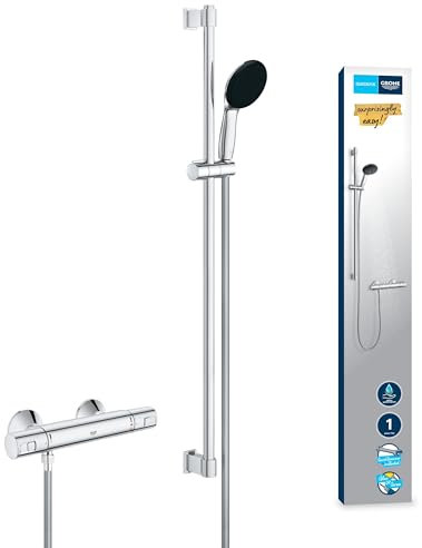 GROHE Precision Trend, Duschset mit Thermostat wassersparend, 8l pro Min (Duscharmatur hält Temperatur konstant, Duschkopf 3 Strahlarten, 1,75m Schlauch, Duschstange 60cm, 3in1 Tool), chrom, 34854001