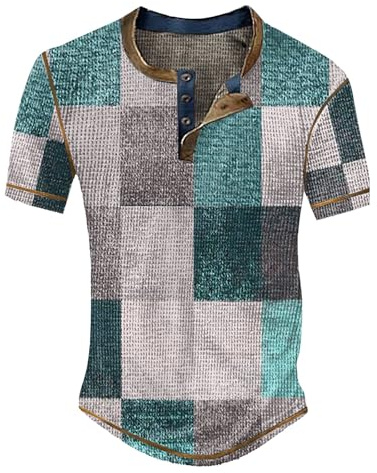 LOIJMK Maglia da uomo a maniche corte per il tempo libero, a righe, a quadretti, retro west-denim, stampa a bottone, maglietta da uomo alla moda italiana da uomo (blu, S)