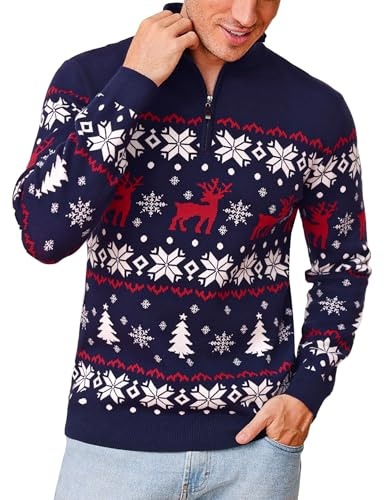Crewhpo Maglione Natalizio Uomo con Zip 1/4 Maglioni Natali in Inverno Caldo Felpa Natale a Maniche Lunghe Maglione a Maglia con Motivo Renna Motivo Natalizio Blu Navy XL
