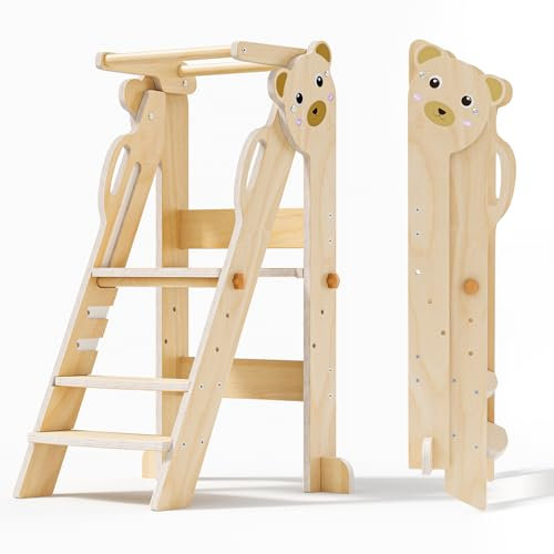 Aoykkii Lernturm Klappbar für Kinder, 3-stufiger höhenverstellbarer Küchentrittschemel, Montessori-Kinderturm für Küche, Bad und Kinderzimmer (Holzfarbe Kleiner Bär)
