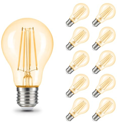 Lot de 10 ampoules LED Edison E27 vintage blanc chaud (2300 K), verre doré et filament, 806 lumens 7 W (= 60 W), ampoule LED rétro, économie d'énergie, idéales pour le salon, la chambre à