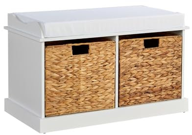 Home Source Hallway Shoe Storage Wooden Bench, 2 Water Hyacinth Basket Drawers, Cushioned Padded Seat, White