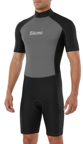 Sikma Men’s Wetsuit 3mm Neoprene Surfing Diving Suit Short Sleeves Back Zip Flexible and Comfortable Perfect for Swimming, Scuba Diving, Snorkeling (Black/Grey, Large)