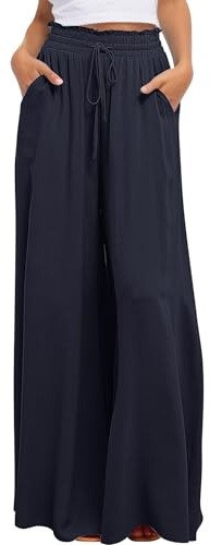 Maeau - Pantalones Mujer Palazzo Fluido Piernas Ancha Sueltas Casual con Cordón Ligero Pantalón Larga Holgados Pantalones Playa - Negro - XL