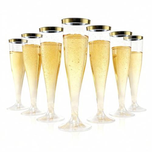 Bestluck 100 Pack Champagne Flutes Plastic, 4.5 oz Gold Glitter Plastic Disposable Stemware with Gold Rim, Disposable Champagne Flutes for Party, Mimosa Bar, Wedding, Anniversary and Graduation