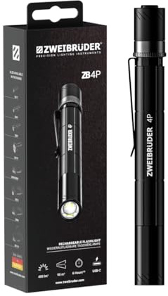 Zweibrüder ZB4P Lampe Stylo LED Rechargeable 400 lm – Lampe Stylo Compacte avec Fonction Focus, USB-C, Dual Functional Optic, Lampe de Poche pour Inspection, Travail et Usage Quotidien