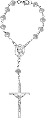 Kaltner Präsente Geschenkidee - Kurzer Auto Rosenkranz für Damen und Herren mit Kreuz Anhänger Marienbild und Glas Perlen Farbe Weiß Transparent (Länge 17 cm)