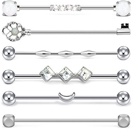 Mayhoop 6 Piezas 14G Piercing Industrial Acero quirúrgico Plata ópalo Clave Barra Recta Industrial Barbell Piercing de Oreja Cartílago Mujer Hombre Joyería para Cuerpo 38mm