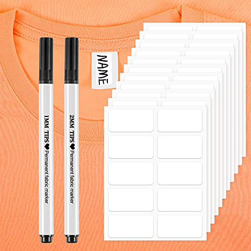 Outus No-Iron Clothing Labels Wash Writable Self Adhesive Name Labels with Permanent Fabric Marker for Daycare, Washer and Dryer Safe (100 Pieces),White,1.2 x 0.6 inches