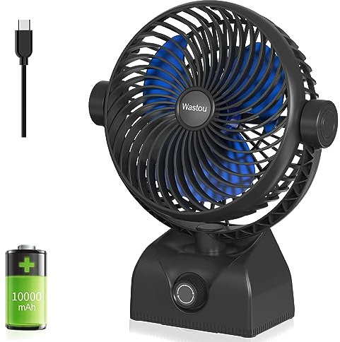 Wastou Ventilateur de Table, Ventilateur de Bureau Rechargeable par USB, Ventilateur de Tour Silencieux à Batterie de 10000mAh, Vitesse Réglable, Tête Rotative pour la Maison et le Bureau (Black)