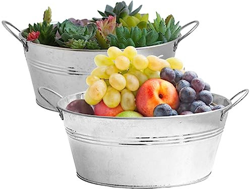 2Pcs Galvanised Metal Garden Planters - Large Round Galvanised Tub With Sturdy Handles - 9.76x4.33 Inch Metal Planter Zinc Tub For Planting, Drinks Cooler, Ice Bucket