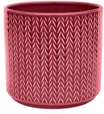 Ivyline Planter in Ruby Ceramic with Chevron Print - Tall Design and Slim Silhouette - Waterproof Indoor Round Flower Pot - H17 x D19 cm